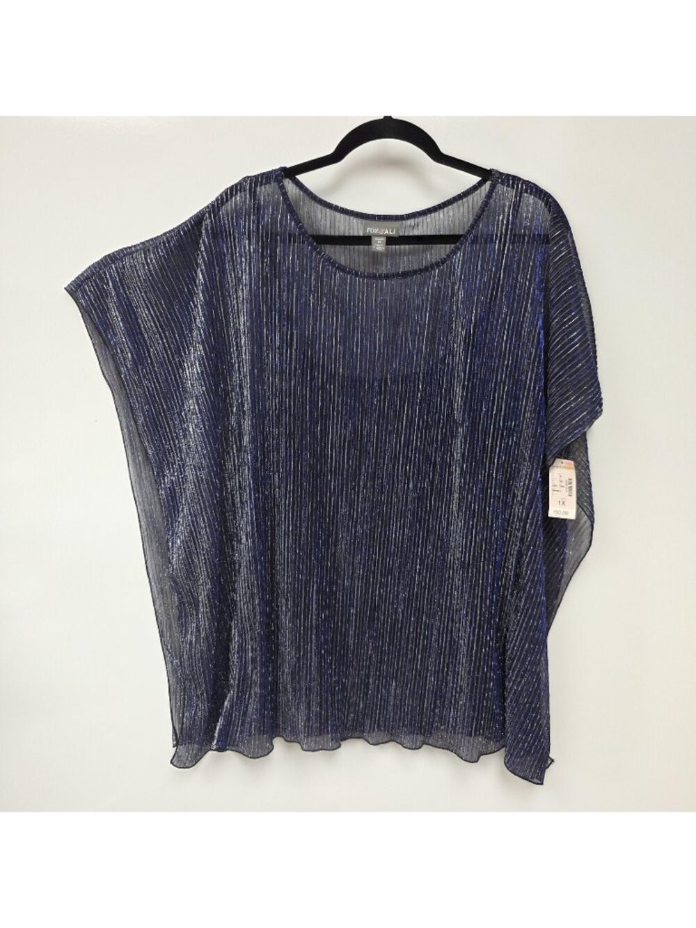 Roz & Ali Shirt Womens 1X Blue Metallic Pleated Kimono Tunic Party Top Blouse